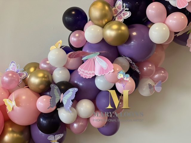 Pink lavender gold and black balloon garland details by Marva-loons Balloons in Memphis