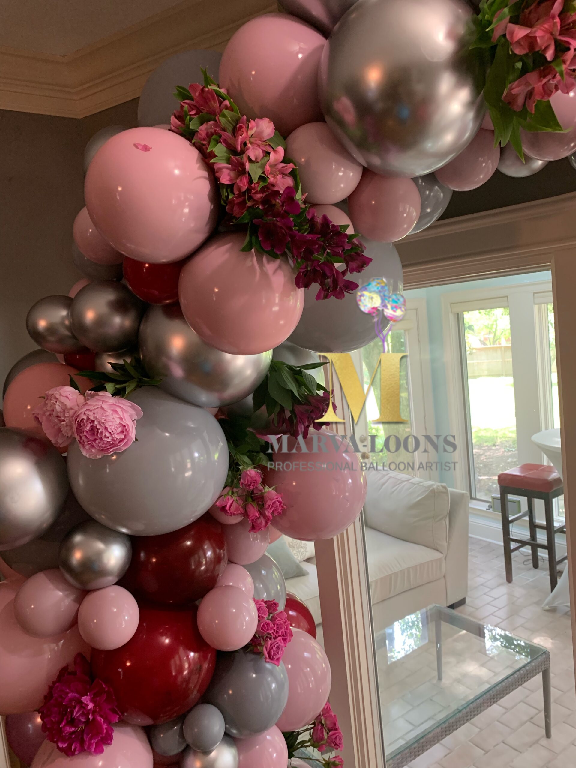 Pink and Mauve organic garland by Marva-loons Balloons in Memphis